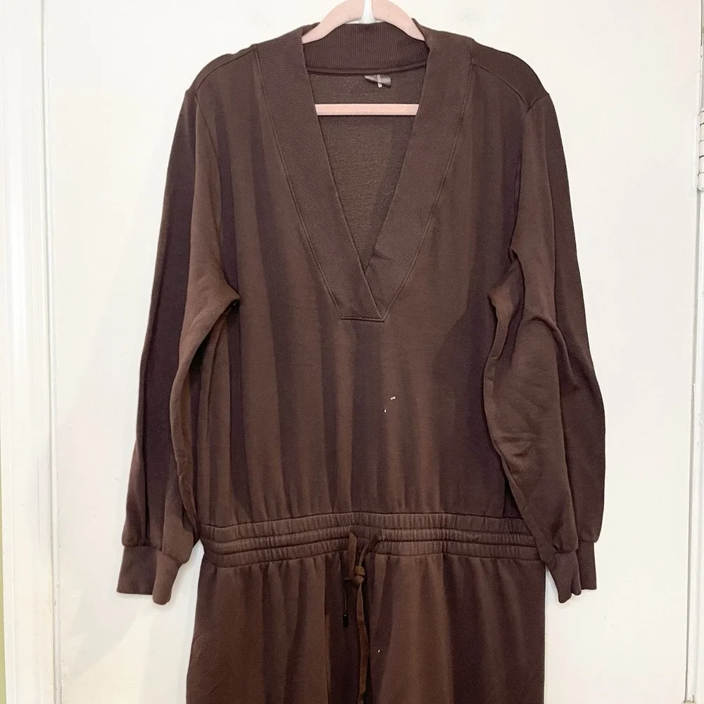 CALIA Brown Drawstring Soft Long Sleeve Jogger Sweatpants Jumpsuit V-Neck Lounge